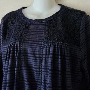 Lucky Brand blouse sz XL navy babydoll lace inserts boho EUC